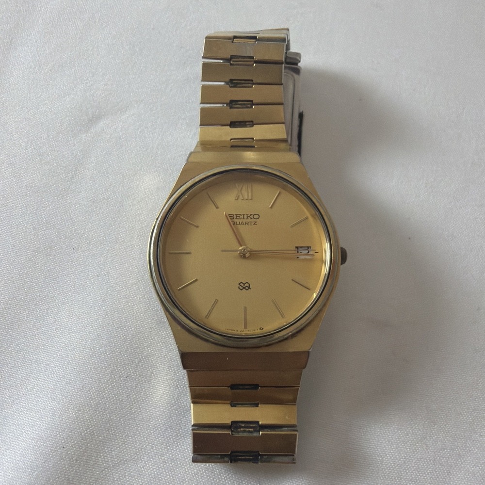 Seiko Watch Men 33mm Champagne Dial Gold Plated SG Date 8122-7029 Genuine Lizard